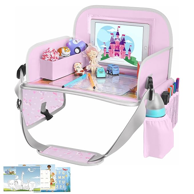 MENZOKE Kids Travel Tray for Toddler Car Seat, Toddler Gift for Girl Activities with Dry Erase Board & iPad Holder Stand,Road