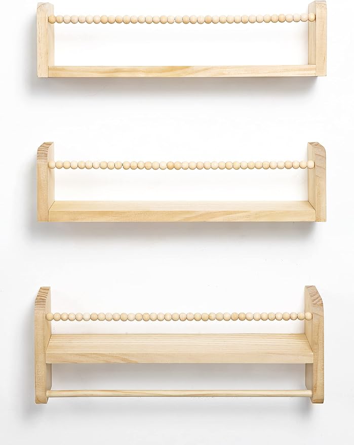 Maxpeuvon Nursery Floating Shelves for Wall, Set of 3 Book Shelves Natural Wood Wall Mounted Organizer with Towel Bar Hanging