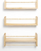 Maxpeuvon Nursery Floating Shelves for Wall, Set of 3 Book Shelves Natural Wood Wall Mounted Organizer with Towel Bar Hanging