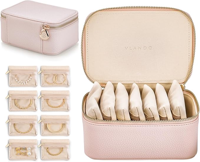 VLANDO Travel Jewelry Box Organizer – Portable PU Leather Jewelry Case with 6/8/12 Zippered Pouches, Compact Storage for Earr