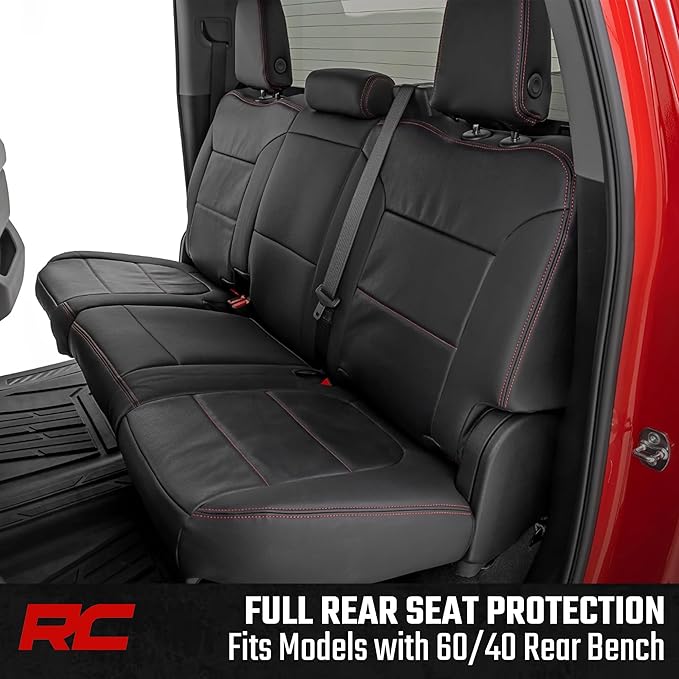 Rough Country Leather Seat Covers for Chevy Silverado 1500 & GMC Sierra 1500 Crew Cab (2019–2026) – Front Buckets & 60/40 Rea
