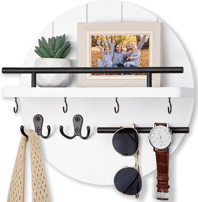 Nekon Rustic Wall Mount Key Organizer, 11.8 Inch Rack with Shelf and 6 Hooks, Circular Wooden Key Hanger for Entryway Hallway