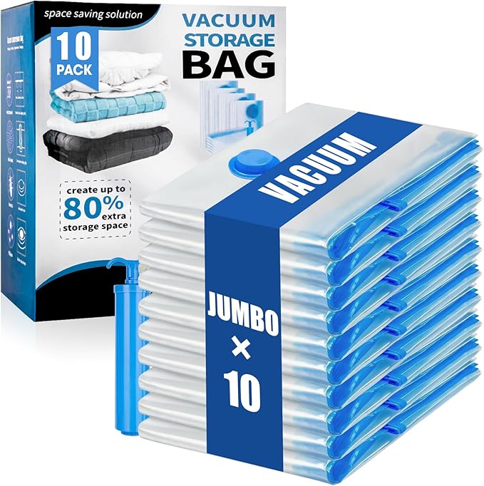 10 Jumbo Vacuum Storage Bags, Vacuum Seal Bags for Clothing Space Saver Compression Storage Bag with Hand Pump Extra Large fo