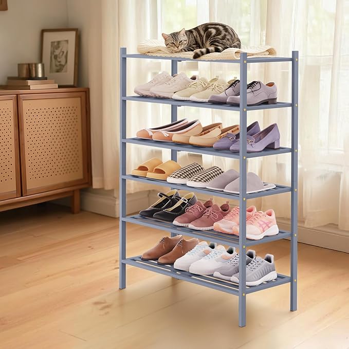 Smiry Bamboo Shoe Rack 6-Tier, Stackable Wooden Shoe Organizer for Entryway & Closet, Free Standing Wood Shoe Storage Shelf f