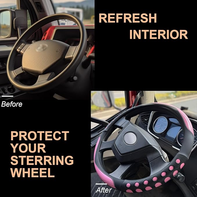 PINCTROT XL Size 17.5-18 in Race Grip Steering Wheel Cover for Semi Truck, Fits RV, Big Rig Trucker, 18 Wheeler and Classic Cars, Anti-Slip Silicone Perforated Design 17.5-18 Inch (Racing Pink)