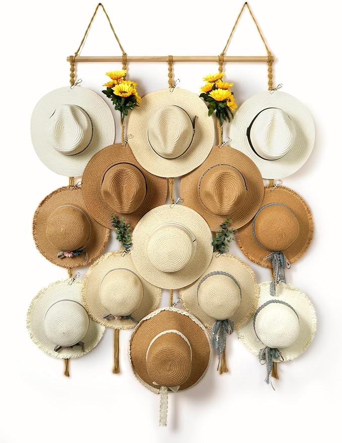 Macrame Hat Organizer Rack for Wall 15 Clips 31x66in Large Fedora Hat Hangers Display for Wide Brimmed Hat Holder Storage Boh