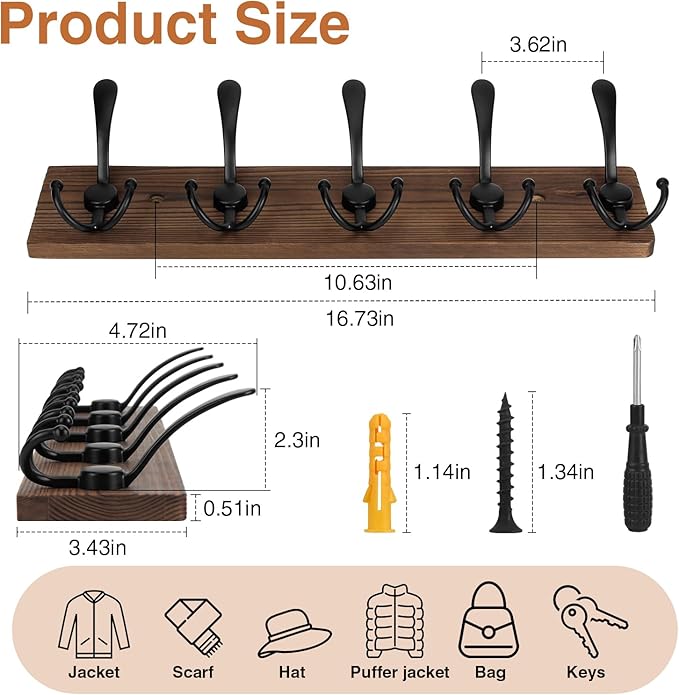 Wooden Coat Rack Wall Mount Heavy Duty, 2 Pack Coat Hanger Wall Mount with 5 Triple Hooks for Clothes, Jacket, Hat, Keys, Spa