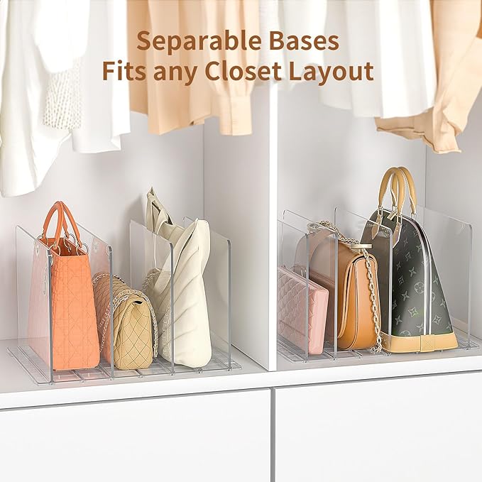 GoMaihe Bag & Purse Organizer for Closet: 4 Sets Adjustable Clear Handbag Storage Shelf - Plastic Clutch Dividers | Minimal |