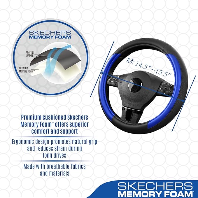 Skechers Steering Wheel Cover Memory Foam,Luxury Leather Steering Wheel Covers,Universal Anti-Slip Fit 14" 1/2-15" Car Wheel 