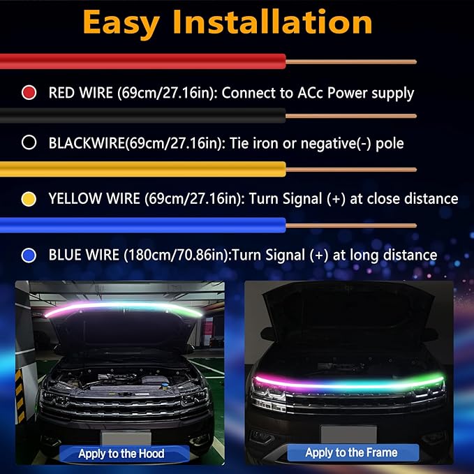 RGB Car Hood Light Strip, 79 Inches Dynamic LED Daytime Running Lights, Multicolor Dynamic Scan Start Up Sequential Turn Signal Lights for Car, Truck, SUV, App Control and Waterproof
