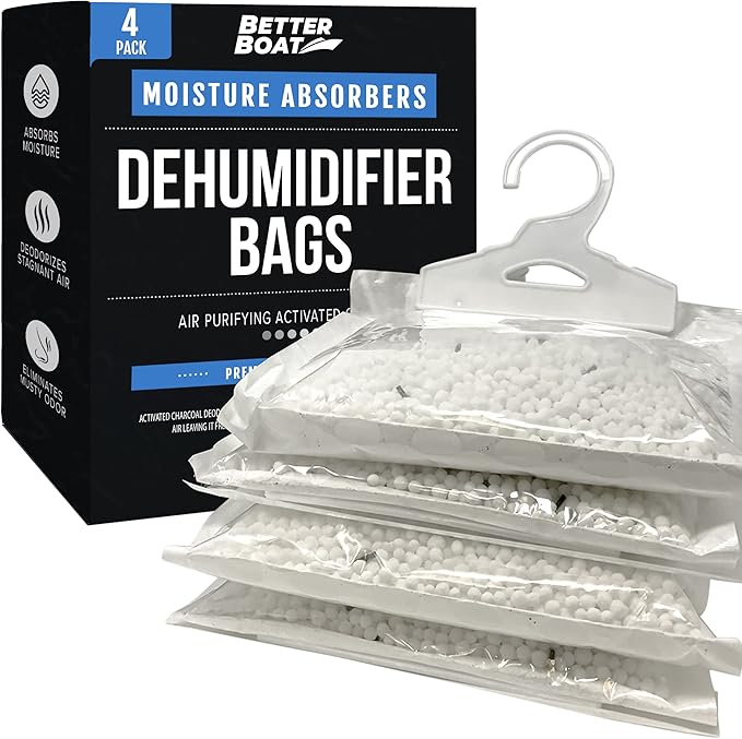 4 Pack Moisture Absorber Hanging Bags, Boat Dehumidifier with Charcoal, Unscented, Removes Dampness and Musty Odors, Ideal