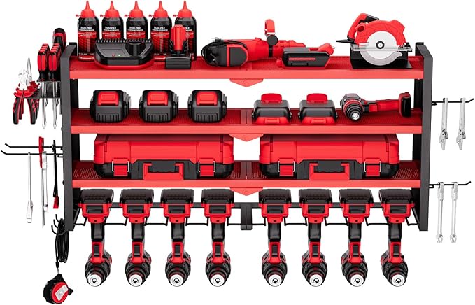 VEVOR Power Tool Organizer Wall Mount, 4-Layer Storage Rack with 8 Drill Holders, Tools Holder and Storage Rack with Side Peg
