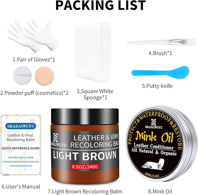 SHADAIWUYU 8.5oz Leather Recoloring Balm with 100ml Mink Oil,Light Brown Leather Repair kit for Furniture and Car Interior,Le