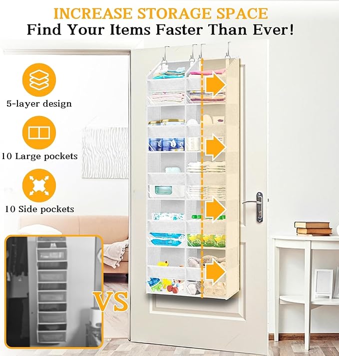 Over The Door Organizer 5 Tiers, Extra Large Behind Door Storage of 10 Compartments, 80 lbs Weight Capacity Hanging Storage O