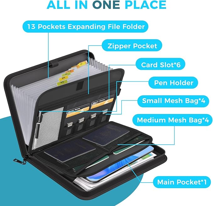 Accordion File Organizer with Combination Lock,Fireproof Expanding File Folder with Multi Pockets,13 Pockets Document Organiz