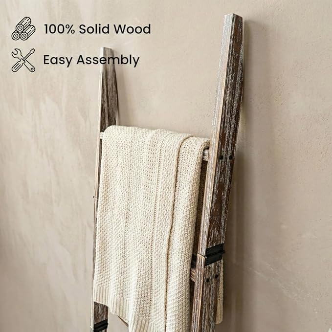 Blanket Ladder for Living Room 6-Tier, Wooden Decorative Quilt Holder for Bed Room, Wall-Leaning Towel Rack for Bathroom, Dec