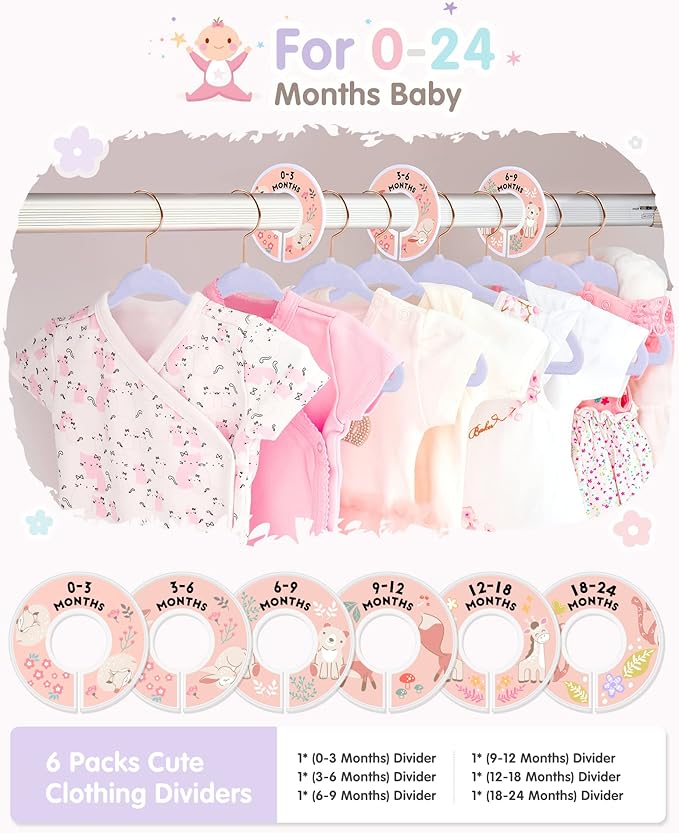 VIS'V Baby Hangers, 11 Inch Velvet Kids Hangers with 6 Pcs Clothes Size Dividers, Infant Toddler Nursery Closet Organization,
