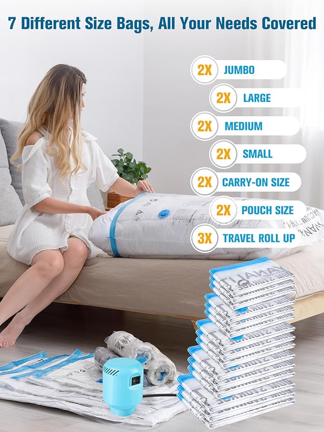 Vacuum Storage Bags with Electric Air Pump, New Air Valve Combo 15 Pack Compression Bag, Space Saving Vacuum Sealer Bags for 
