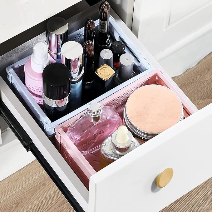 Plastic Baskets for Desk Organizing, Drawer Organizer, 2 Medium+2 Small Durable Folding Storage Crate for Home Kitchen Classr