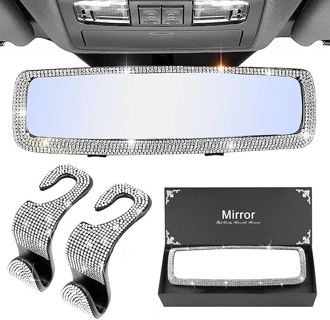 Bling Rear View Mirror Accessories with 2 PCS Car Seat Hooks for Headrest, Universal Bling Diamond Rear View Mirror Cover for Women ＆ Girls