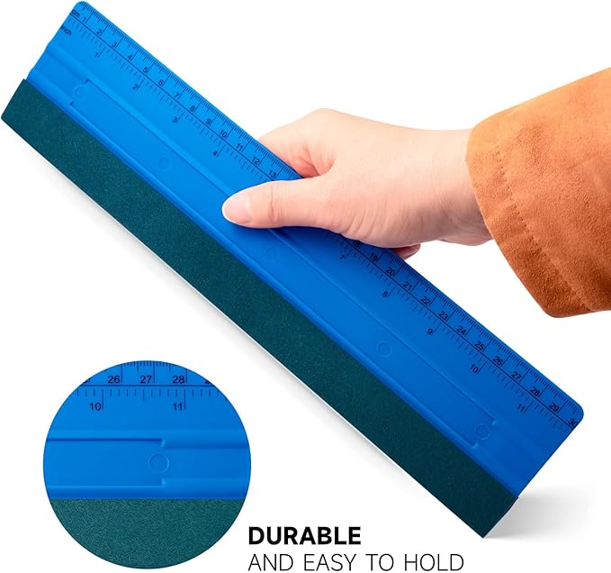 FOSHIO 12 Inch Felt Squeegee for Vinyl wtih Ruler 30CM 4 Round Corners Universal Card, Window Tint Film Installing Hard Blue PP Car Vinyl Wrap Scraper Tool