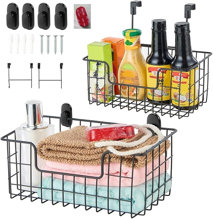 JUNCHU CHERRY Wire Storage Basket 2 Packs, Wall Mounted Kitchen Bathroom, Hanging Cabinet Door Storage Basket, no Drilling, S