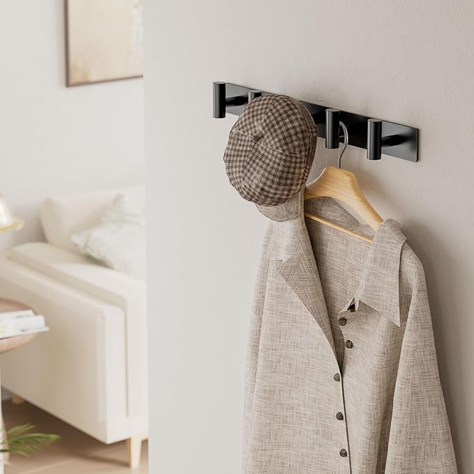 GWAAZXGZ Black Wall Mounted Coat Rack – 5 T-Shaped Pegs for Hats, Bags & Towels, Heavy-Duty Metal Rail for Entryway, Bathroom