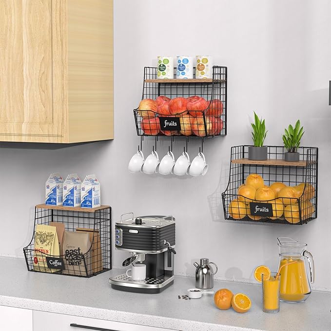 3 Pack wire Fruit Basket for Kitchen with Wood Lid - Counter&Wall Mounted Onion and Potato Storage with Nameplate, Hanging Ba