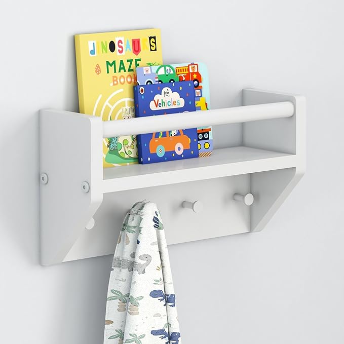Max & Lily Wall Shelf with Pegs, 16 Inch Floating Bookshelf for Kids Room, Solid Wood Wall-Mounted Storage Shelf with Hooks f