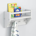 Max & Lily Wall Shelf with Pegs, 16 Inch Floating Bookshelf for Kids Room, Solid Wood Wall-Mounted Storage Shelf with Hooks f
