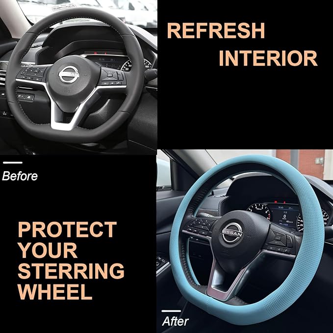 PINCTROT D Shaped Nappa Leather Steering Wheel Cover, Slim Fit No Bulk Design, One Piece Leather with Breathable Perforation,