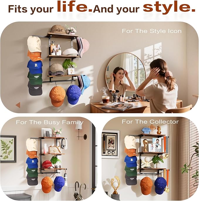 Keebofly Hat Rack for Wall with Shelf, Hat Holder Organizer for 100+ Caps Bennies,Hat Storage with Perfumes & Cosmetics Displ