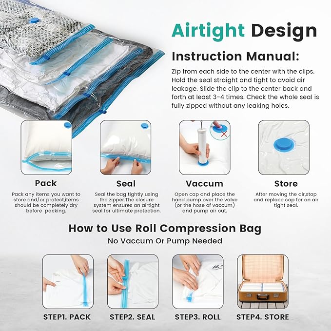 20 Pack Vacuum Storage Bags, Plastic Space Saver Seal Bags (4 Jumbo/4 Large/4 Medium/4 Small/4 Roll) Compression for Clothes,