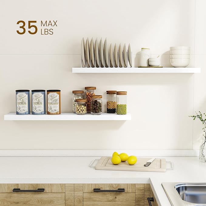 Dreamland 36Inch Floating Shelves for Wall, Rustic Wooden White Floating Shelves for Bathroom|Bedroom|Kitchen, Deep Wall Moun