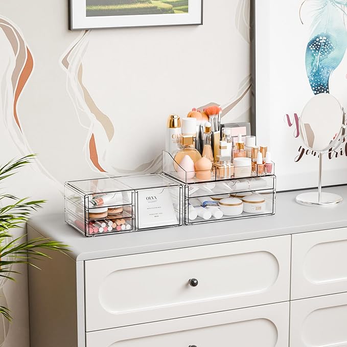 Yieach Acrylic Make up Organizers for Counter,Desk and Vanity,3 Pack Stackable Bathroom Counter Organizer with Drawers,Large 