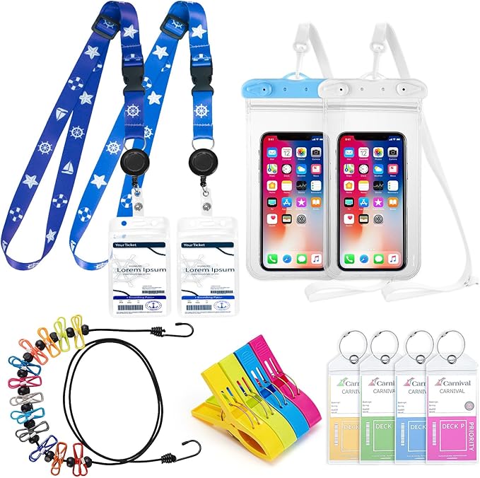 Cruise Ship Essentials Kit, Waterproof Cruise Luggage Tags, Lanyard for Cruise Ship Cards, Phone Bags, Travel Clothesline Cru