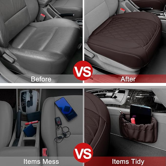 2 Pack Leather Front Car Seat Cover Bottom Car Seat, Anti-Slip and Full Wrap Driver Seat Protectors with Storage Pocket, Luxu