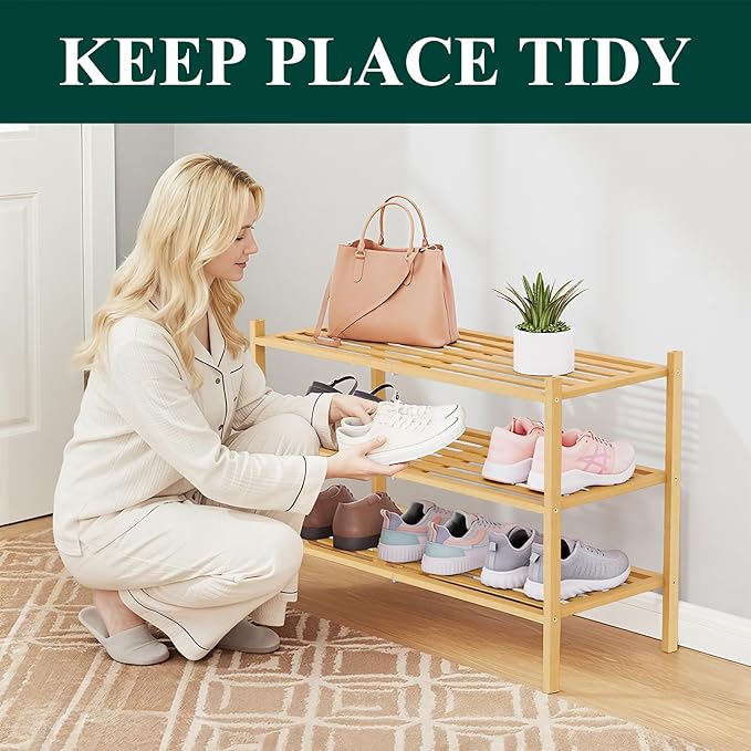 Smiry Bamboo Shoe Rack 3-Tier, Stackable Wooden Shoe Organizer for Entryway & Closet, Free Standing Wood Shoe Storage Shelf f