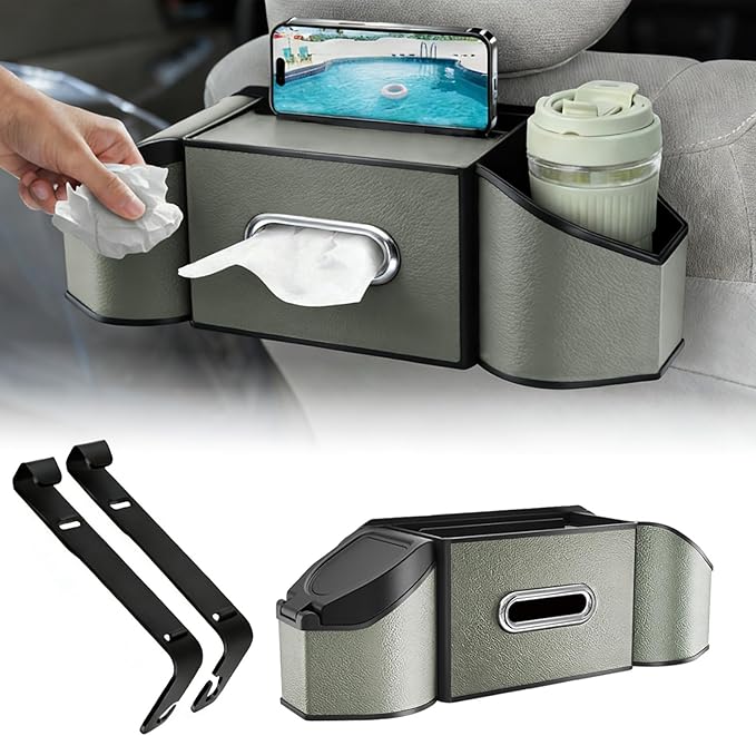 7-In-1 Multifunctional Car Seat Back Organizer with Cup Holders, Tissue Box, Garbage Can & Hooks, Headrest Storage & Cup Holder for Backseat (Grey)