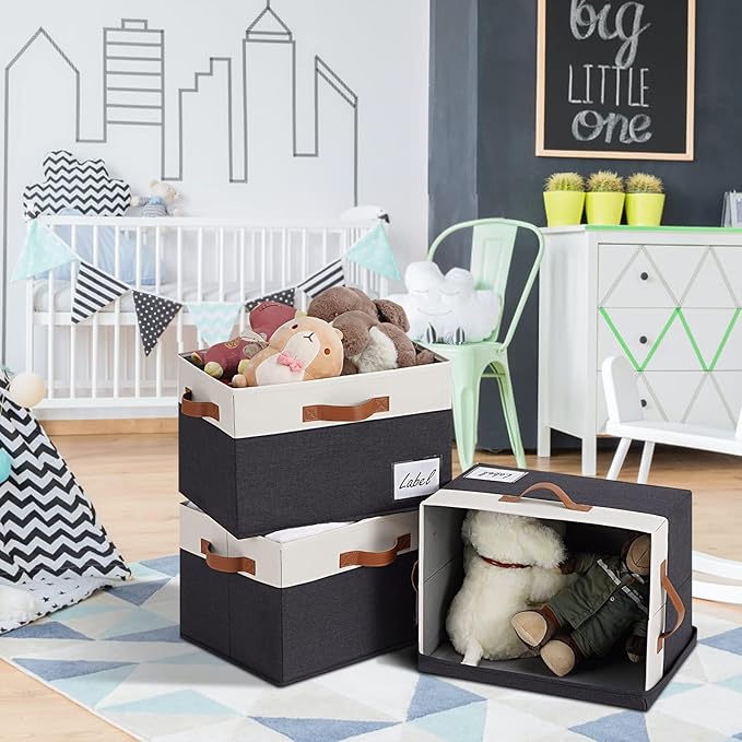 Extra Large Storage Bins with Lids, Foldable Fabric Storage Baskets with Lids, Sturdy Storage Boxes with Labels and 3 PU Hand