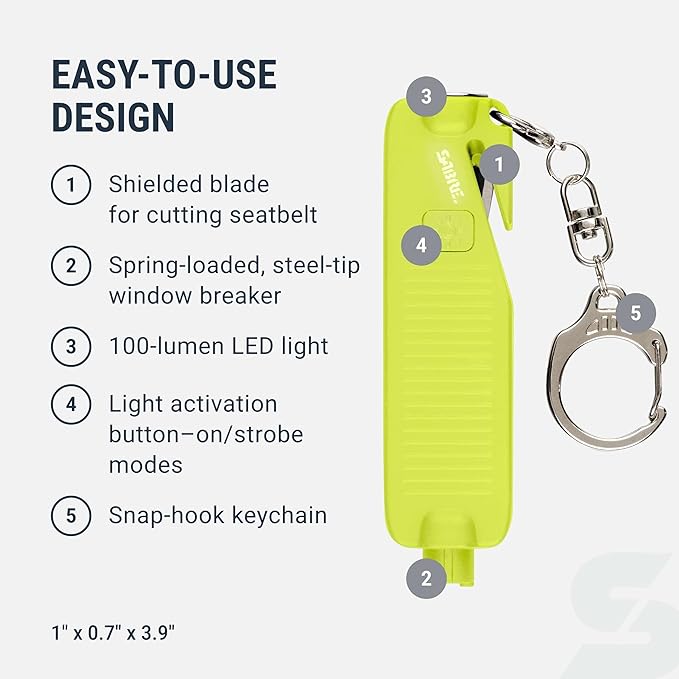 Sabre Safe Escape™ 3-in-1 Car Escape Tool for Car Safety with Spring-Loaded Window Breaker, No Swing Required, Seat Belt Cutt