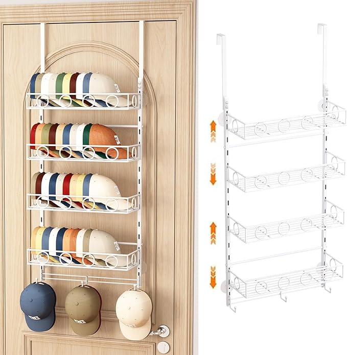 Over Door Hat Organizer 5 Tier Wall Mounted Hat Rack with 4 Adjustable Metal Basket and 3 Hooks Hat Organizer for Baseball ca