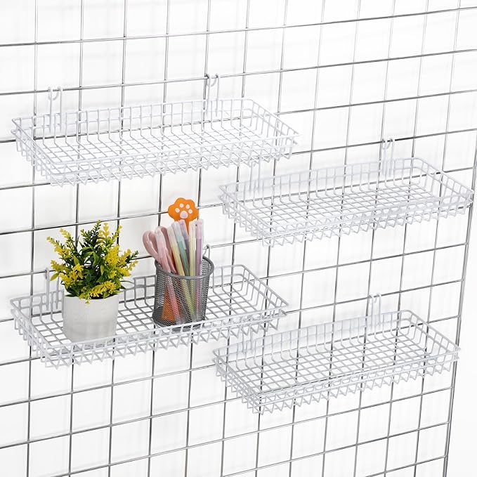 Blulu 4 Pcs 15.75 x 5.91 x 1.97 Inch Metal Grid Wall Baskets with Hooks Grid Wall Shelves Hanging Wire Basket Multi Function 