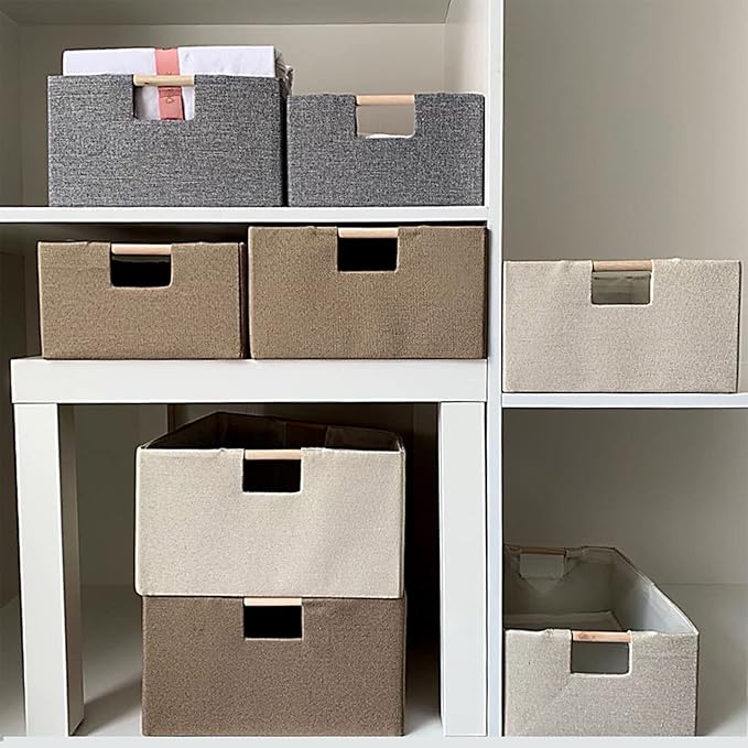 ANMINY 4PCS Storage Baskets for Organizing Collapsible Fabric Storage Bins Boxes with Wood Handles Closet Shelves Cube Organi