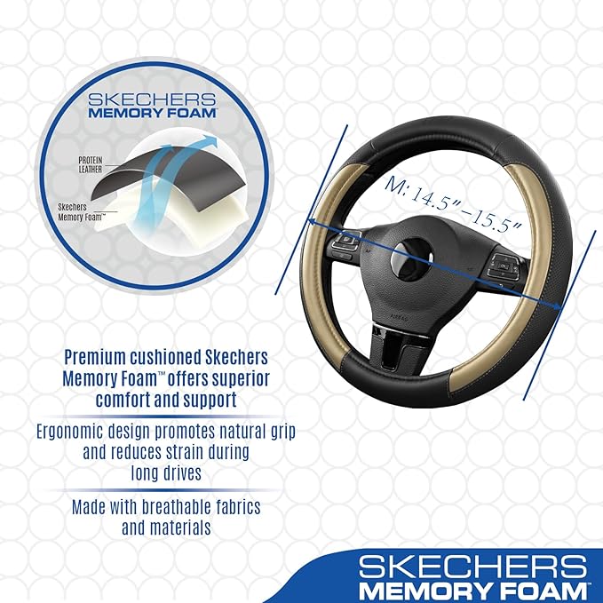 Skechers Steering Wheel Cover Memory Foam,Luxury Leather Steering Wheel Covers,Universal Anti-Slip Fit 14" 1/2-15" Car Wheel 