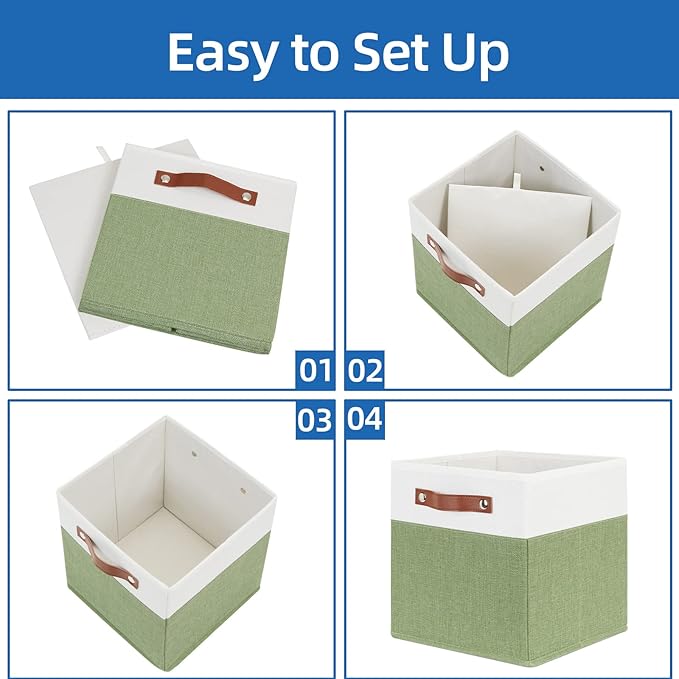 Temary Fabric Storage Bin 11x11 Cube Storage Bins for Home, 4 Pack Fabric Organizer Bins Cube Organizer Bins with Leather Han