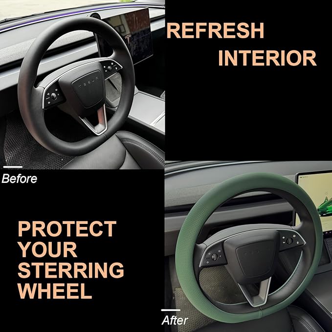 PINCTROT Nappa Leather Steering Wheel Cover for Tesla Model Y/3 Highland/Juniper, D Shaped 14 Inch Small Sized with Breathabl