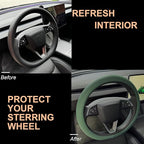 PINCTROT Nappa Leather Steering Wheel Cover for Tesla Model Y/3 Highland/Juniper, D Shaped 14 Inch Small Sized with Breathabl