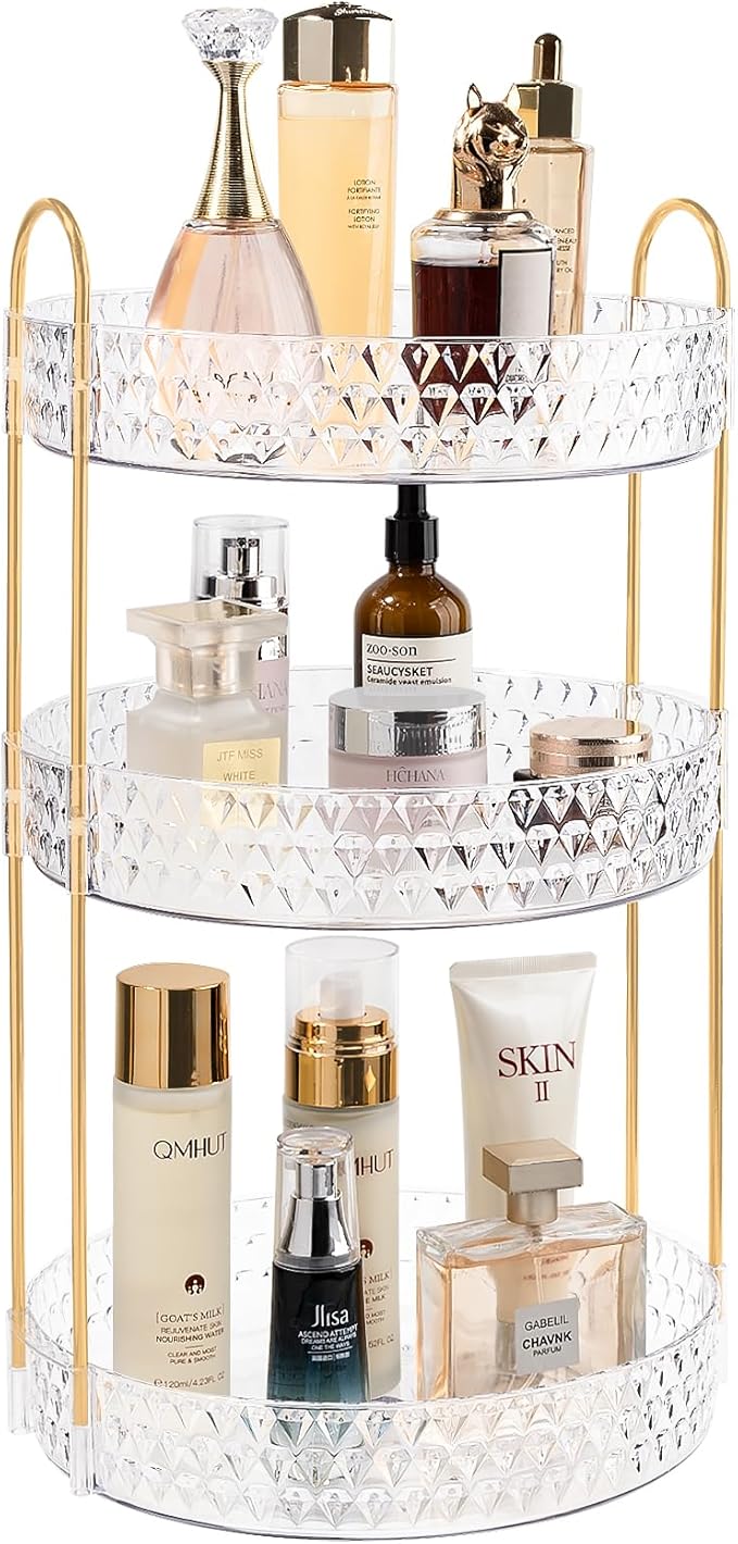 Rotating Makeup Organizer for Vanity, 3 Tier Perfume Skincare Storage for Women, Bathroom Counter Organizer, 360 Spinning Cos