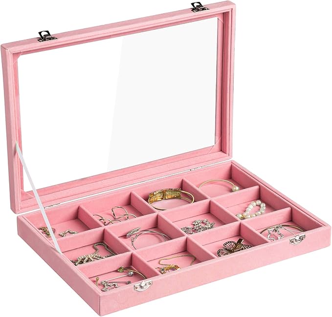 Frebeauty Velvet Jewelry Tray,12 Grid Jewelry Organizer with Clear Lid,Bracelets Holder,Jewelry Display Case with Clasp,Drawe
